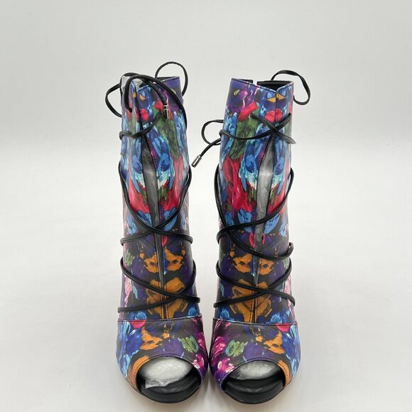 YDN Blue Floral Peep Toe Platform Stiletto Heels Lace Up Cutout Ankle Booties - Picture 3 of 8